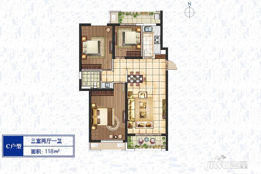 康桥溪棠3室2厅1卫118㎡户型图