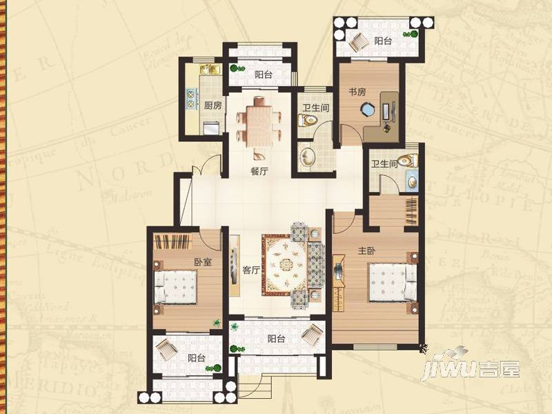 富田兴龙湾3室2厅2卫148.1㎡户型图