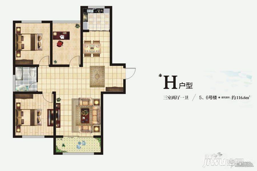 宾悦龙城3室2厅1卫116㎡户型图