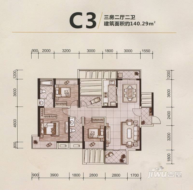 佳兴花园城3室2厅2卫140.3㎡户型图