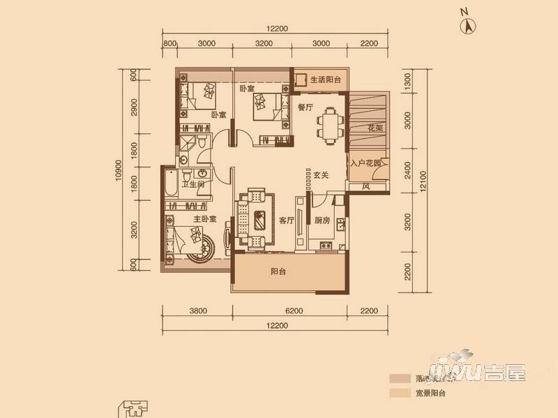 龙南中央城3室2厅2卫123.2㎡户型图