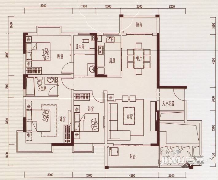 中廷森林公馆3室2厅2卫125.5㎡户型图