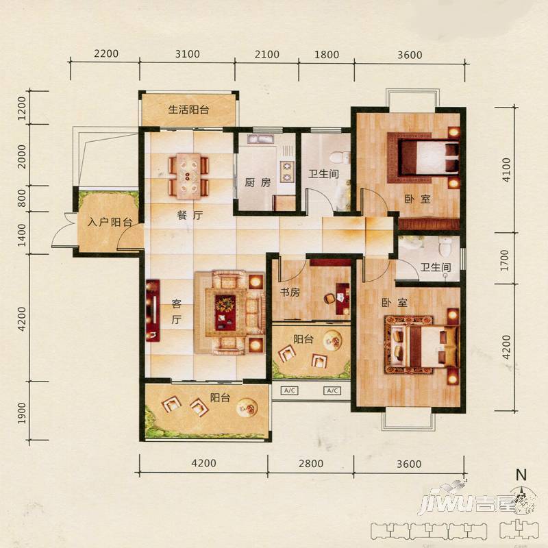 名扬鑫城3室2厅2卫122㎡户型图