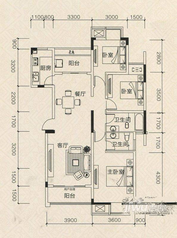 龙鑫华城二期3室2厅2卫121.8㎡户型图