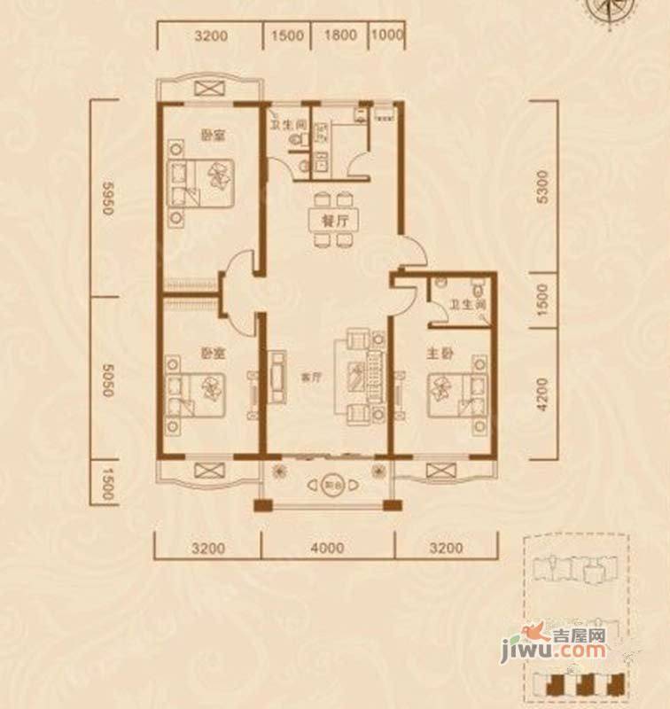 凤翔花园3室2厅2卫121.8㎡户型图