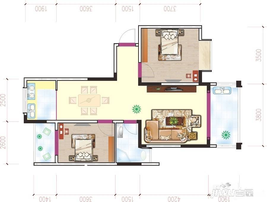 财富新天地2室2厅1卫90㎡户型图