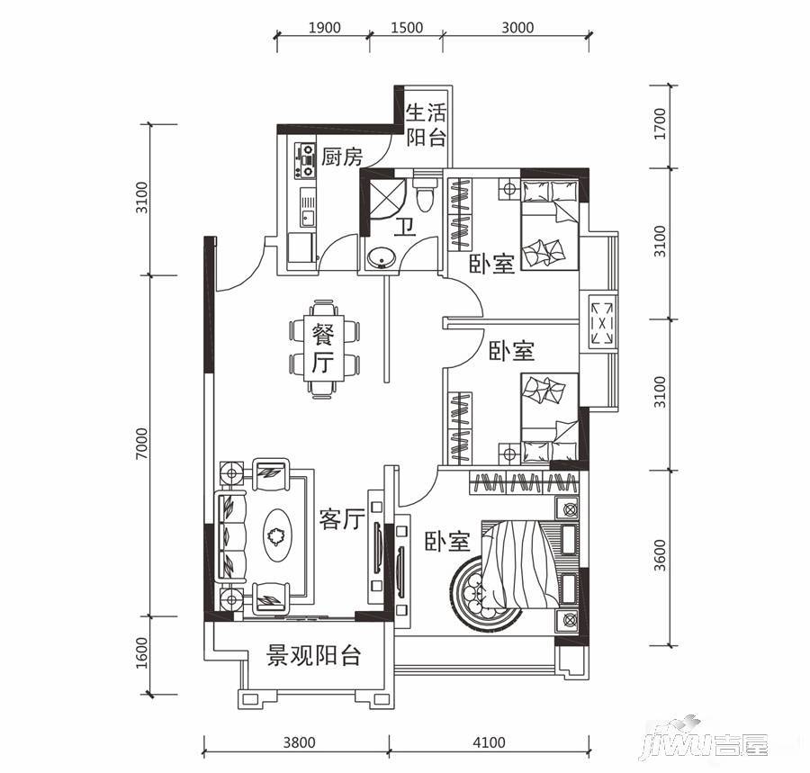 时代新城3室2厅1卫94.7㎡户型图