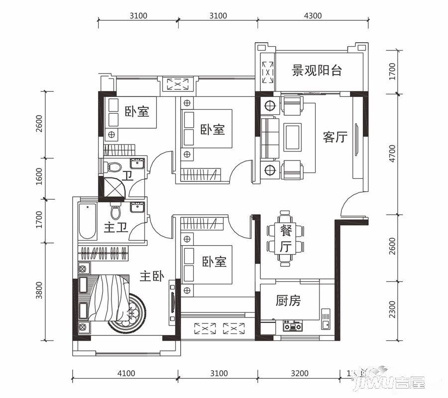 时代新城4室2厅2卫121.6㎡户型图