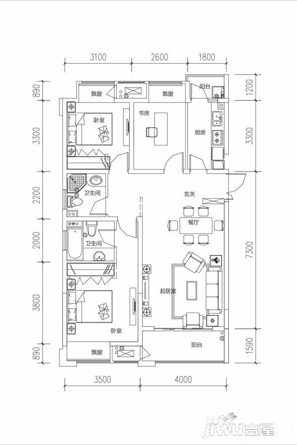 凯旋城3室2厅2卫111㎡户型图