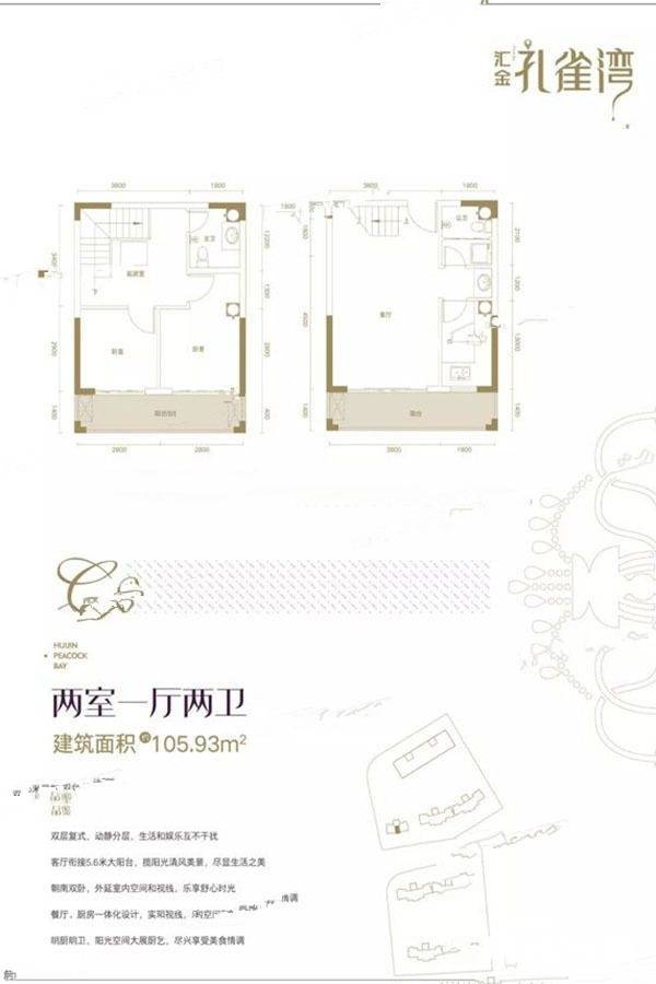 汇金孔雀湾2室1厅2卫105.9㎡户型图