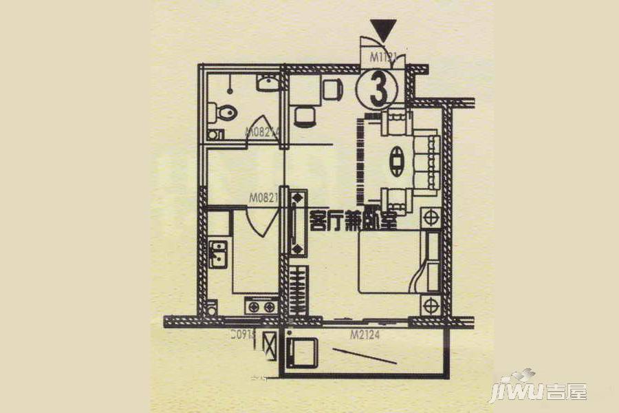 长城公寓1室1厅1卫48㎡户型图