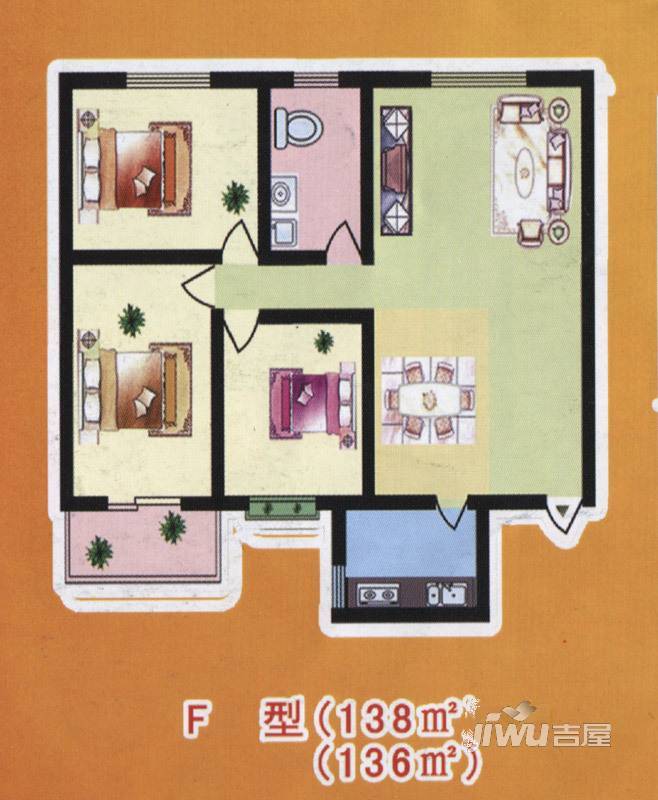 阳光公寓3室1厅1卫138㎡户型图