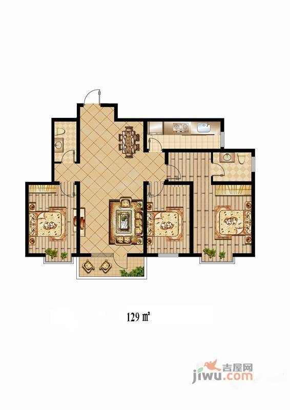 皓月大厦3室2厅2卫129㎡户型图