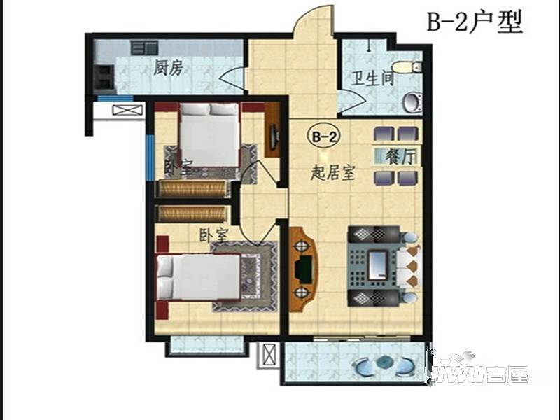 圣水湖畔2室2厅1卫93.9㎡户型图