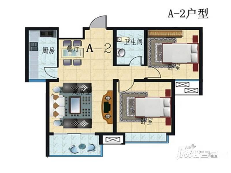 圣水湖畔2室2厅1卫97㎡户型图