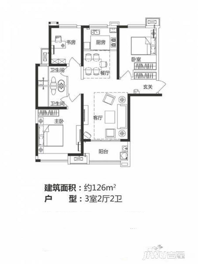 美的时代城3室2厅2卫126㎡户型图