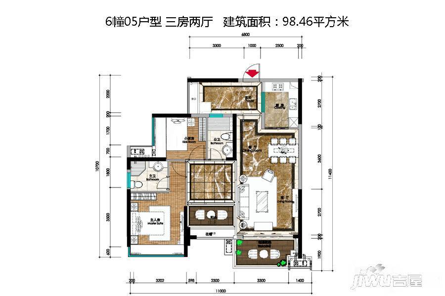 星海湾华庭3室2厅2卫98.5㎡户型图