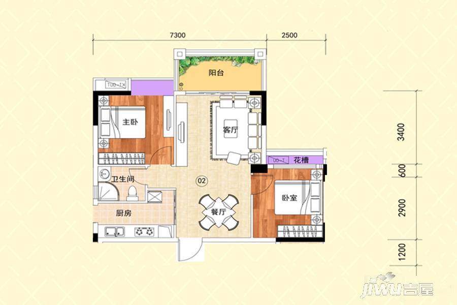 沃华时代广场2室2厅1卫83.2㎡户型图