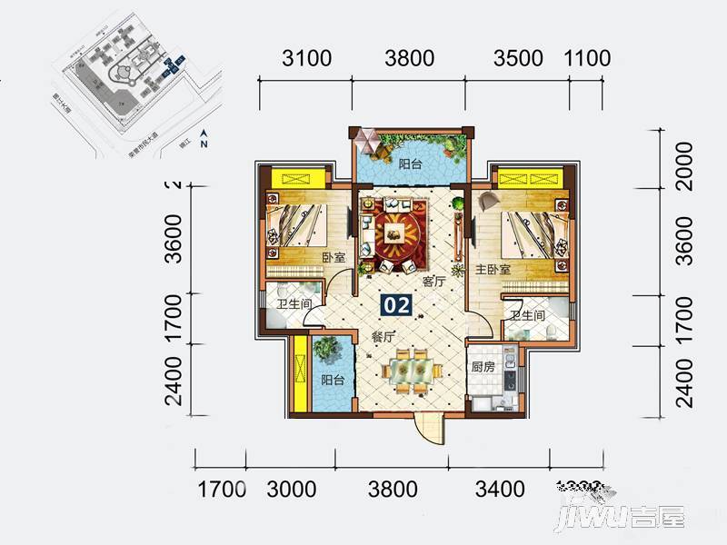 建安御锦珑湾2室2厅2卫89㎡户型图