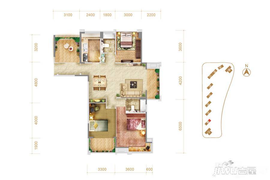 嶺江一品3室2厅2卫117㎡户型图