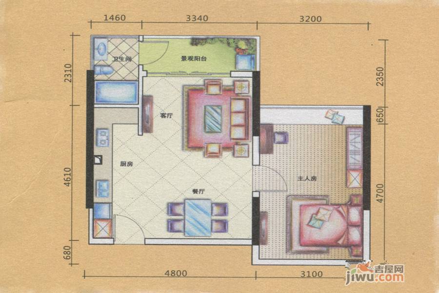 半山豪庭1室2厅1卫56.7㎡户型图