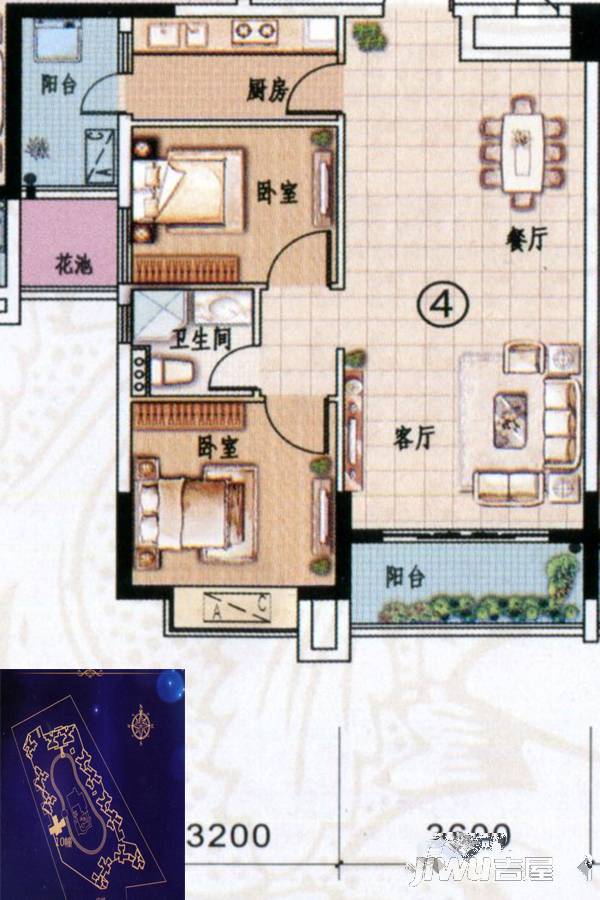 中业新城2室2厅1卫78.8㎡户型图