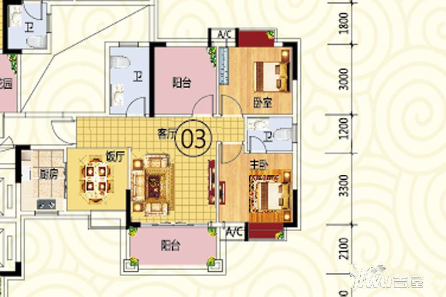 雅逸尚都3室2厅2卫88.9㎡户型图