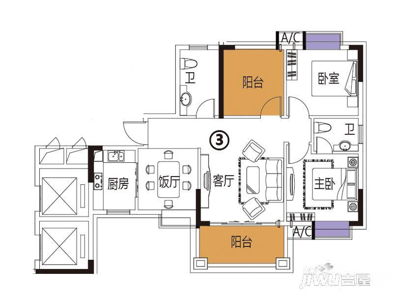 雅逸尚都3室2厅2卫92.2㎡户型图