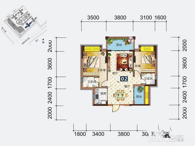 建安御锦珑湾2室2厅2卫89㎡户型图