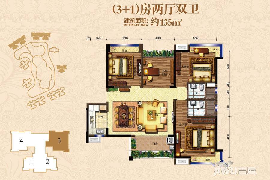 碧桂园越秀西江御府3室2厅2卫135㎡户型图