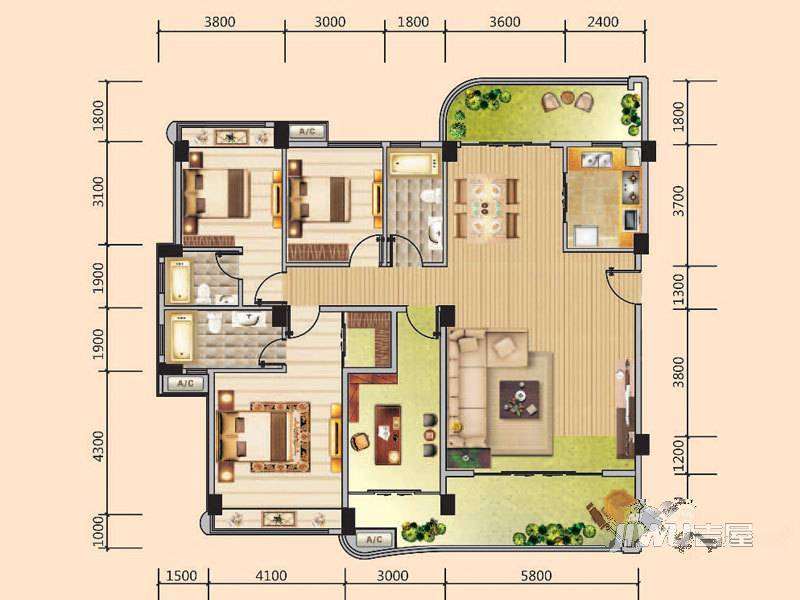 雍翠峰3室2厅3卫162㎡户型图