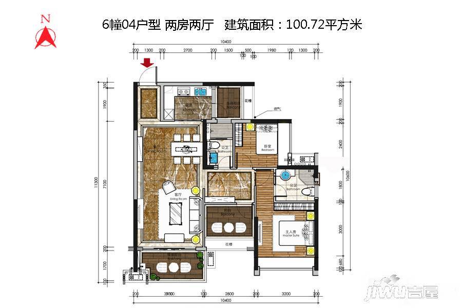 星海湾华庭3室2厅2卫100.7㎡户型图