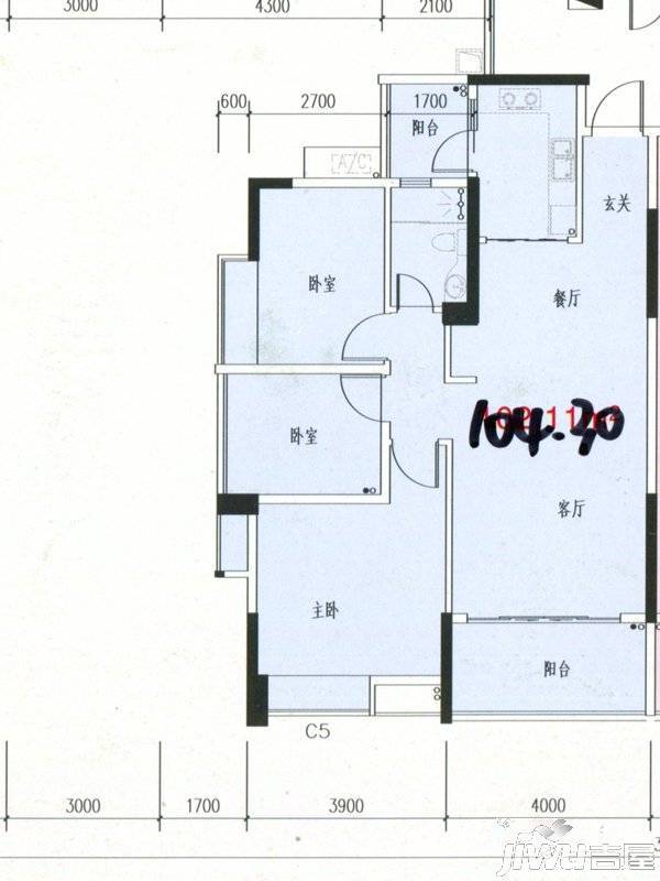 龙腾豪园3室2厅2卫104.3㎡户型图