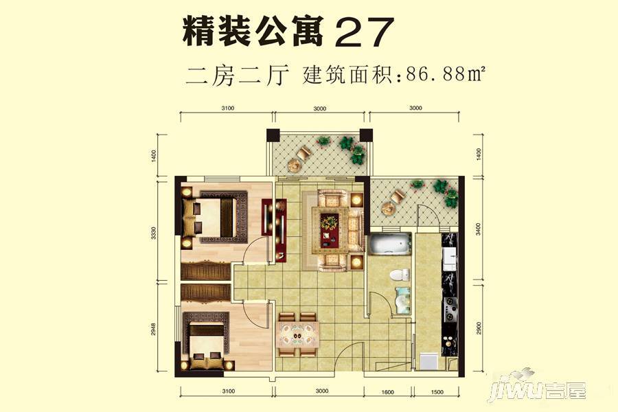 千禧爱琴居2室2厅1卫86.9㎡户型图