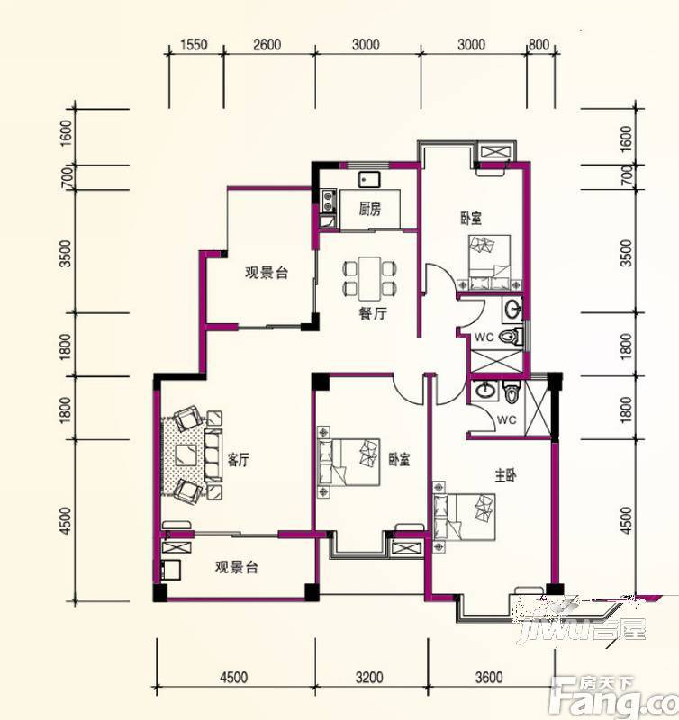 东方豪苑3室2厅2卫131.4㎡户型图