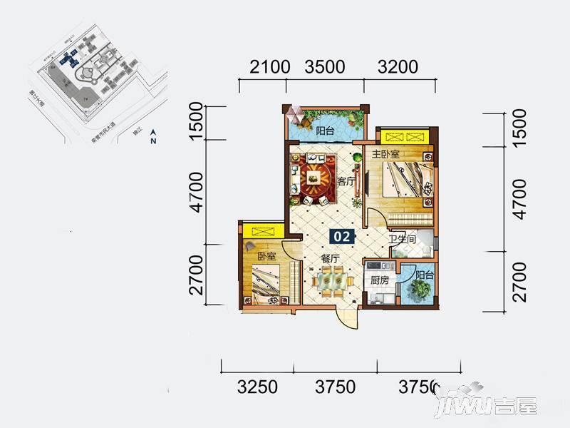 建安御锦珑湾2室2厅2卫71㎡户型图