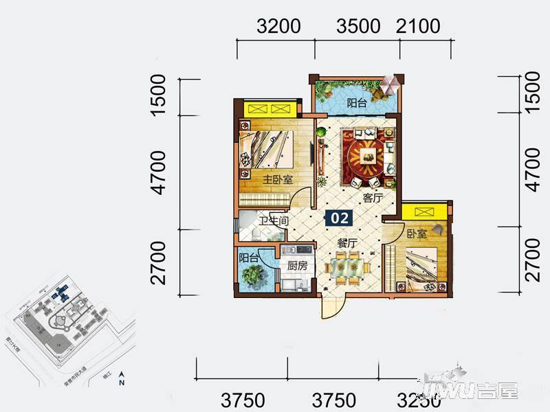 建安御锦珑湾2室2厅2卫71㎡户型图