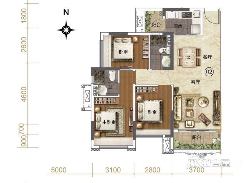 汇银江南富湾3室2厅2卫100㎡户型图