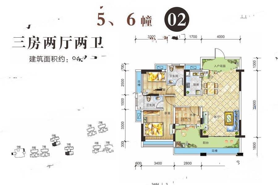 金海湾雅苑3室2厅2卫91㎡户型图