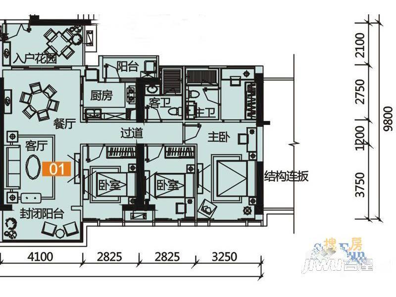 佳兆业中心3室2厅2卫125.9㎡户型图