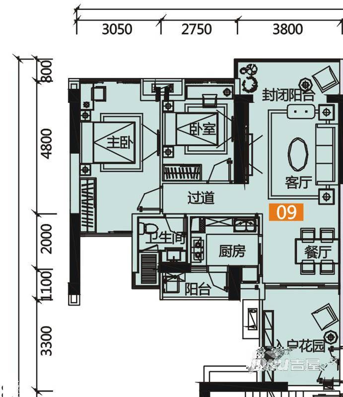 佳兆业中心2室2厅1卫92.9㎡户型图