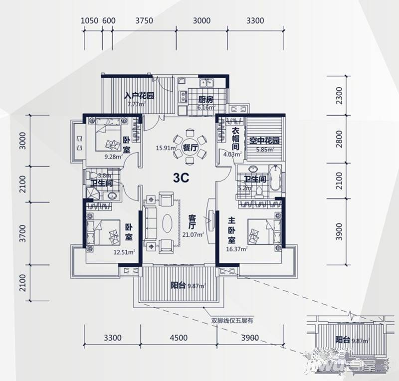 鼎峰公园豪庭3室2厅2卫139.7㎡户型图