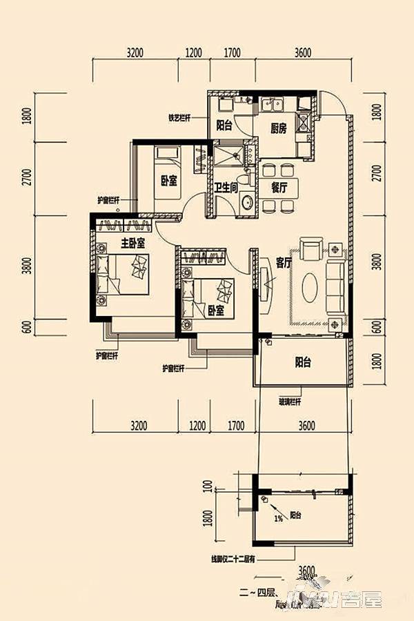 鼎峰公园豪庭3室2厅1卫89.6㎡户型图