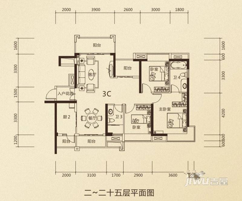 鼎峰公园豪庭3室2厅2卫119.1㎡户型图