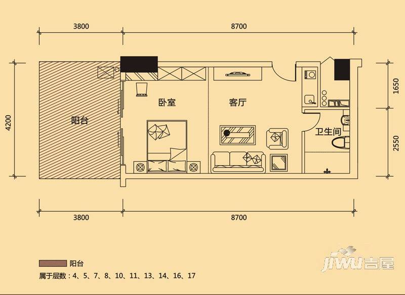 泰兴国际1室1厅1卫54.6㎡户型图