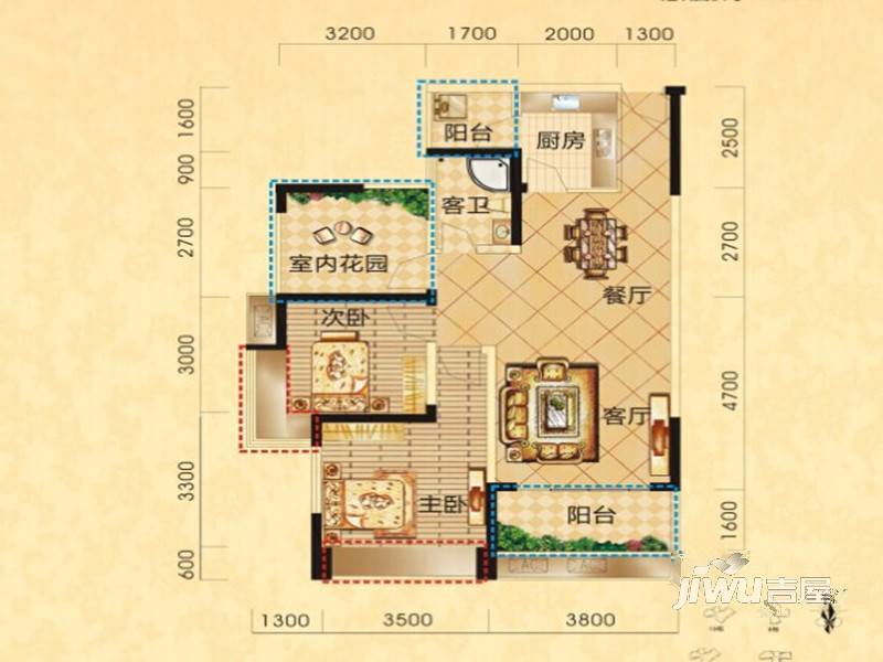 中港城2室2厅1卫90㎡户型图