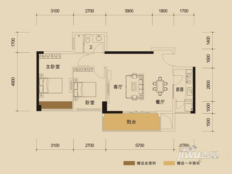 水岸香洲2室2厅1卫82㎡户型图