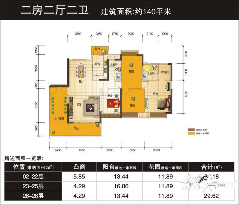 水岸香洲2室2厅2卫140㎡户型图