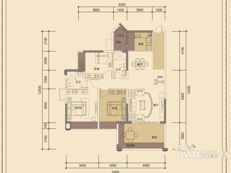 华泓·四季花城2室2厅2卫96.7㎡户型图