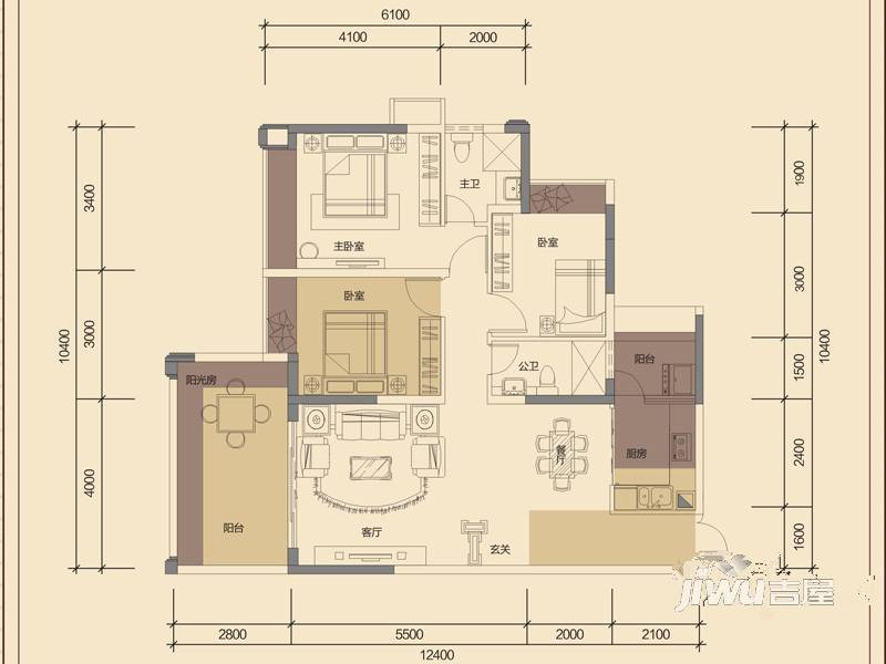 华泓·四季花城2室2厅2卫95.8㎡户型图